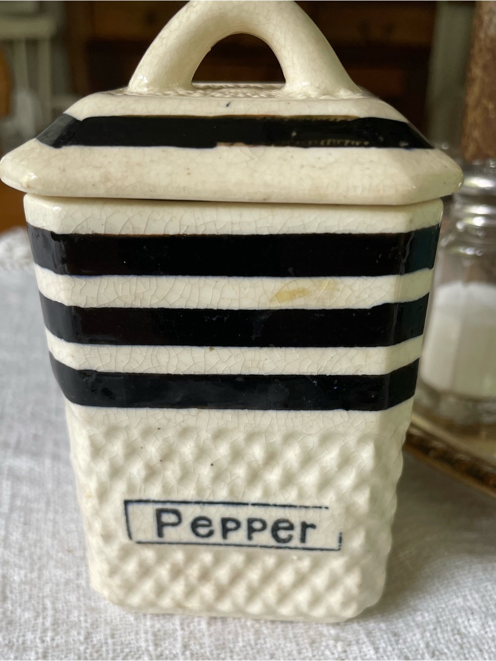 Vintage Hand Painted Japan Striped Ceramic Pepper Canister - Black and Cream